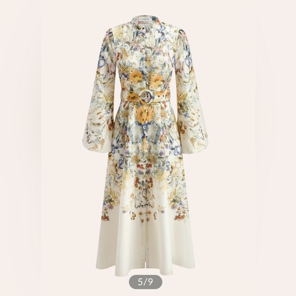 Commense Dresses & Skirts - Commense Floral Belted Long Sleeve Midi Dress in Cream, Yellow and Blue